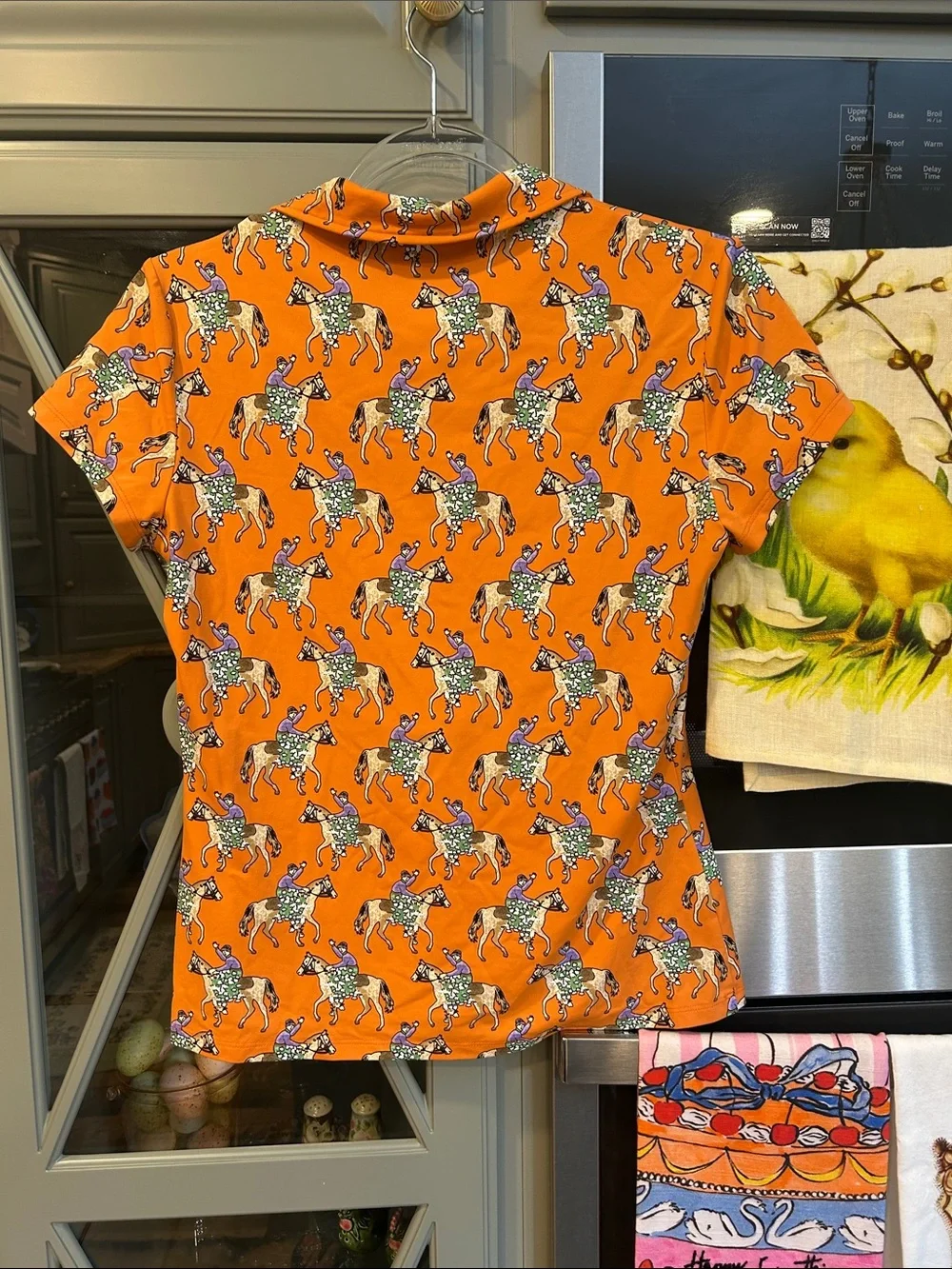 J. McLaughlin Orange Polo Shirt with Jockey Horse Derby Equestrian Print Small